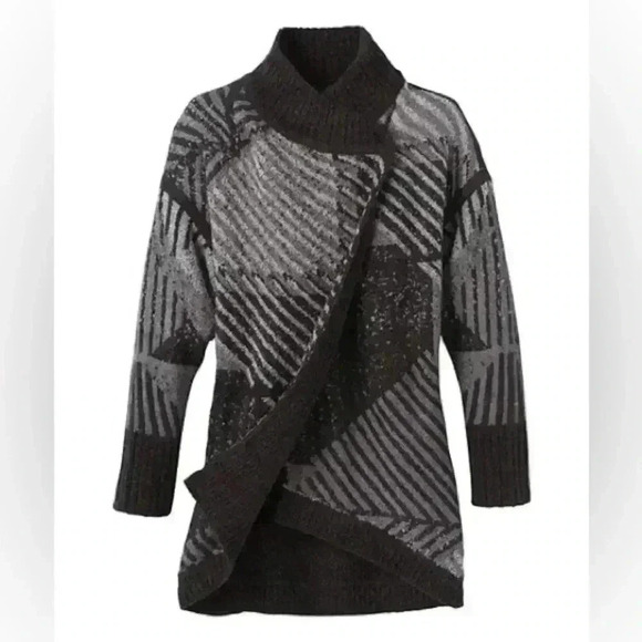 Prana Celandine Cardigan Wrap Sweater Wool Knit Grey Black Print Size Medium - Picture 2 of 16